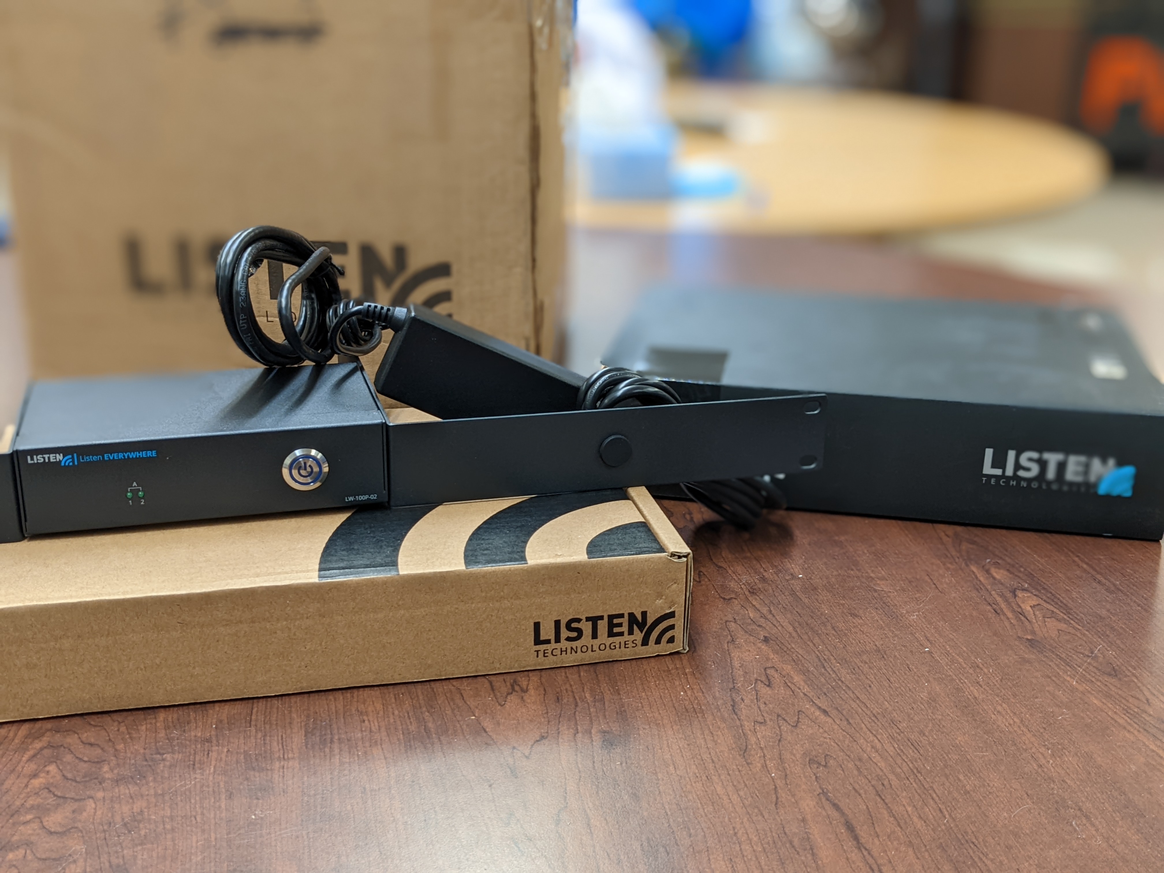 A photo showing the listen everywhere server with the rack ears attached