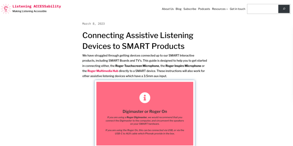 A screenshot of the Listening Accessability connection wizard page