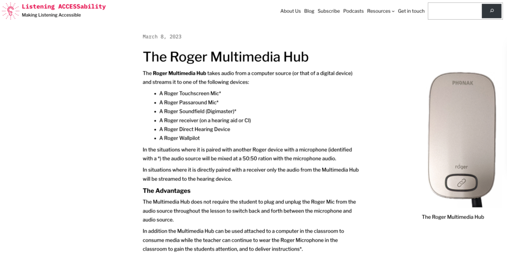 A screenshot of the Roger Multimedia Hub page from the listening accessability site.